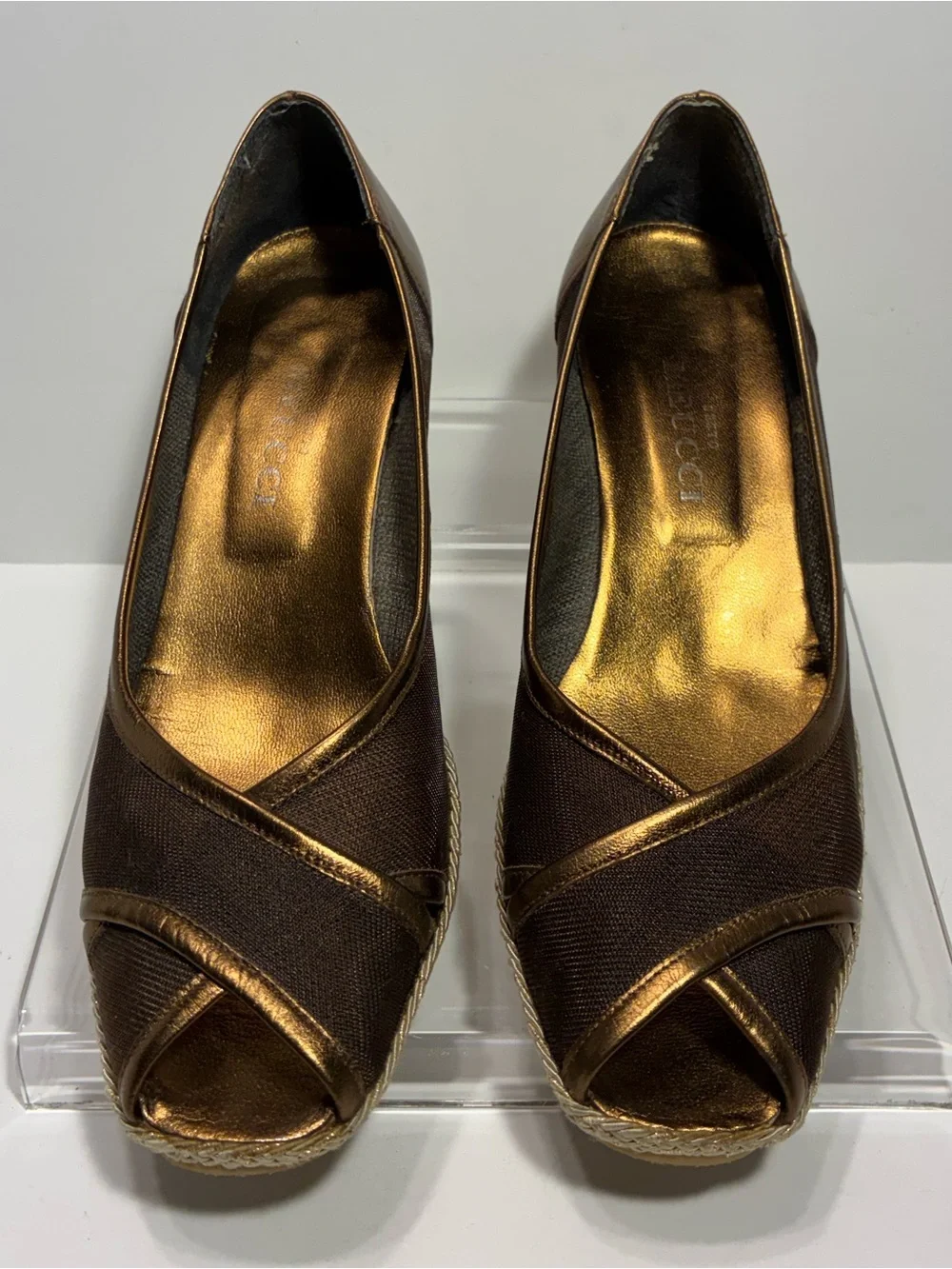 Sesto Meucci ITALY MADE Bronze Brown Peep Toe Espadrille Wedges Size 8.5